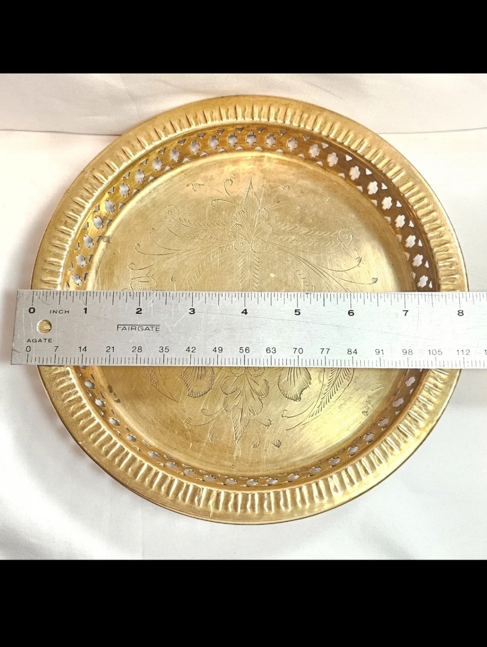 Vintage Brass Reticulated Edge Tray  Etched Engraved Serving  Decorative Tray